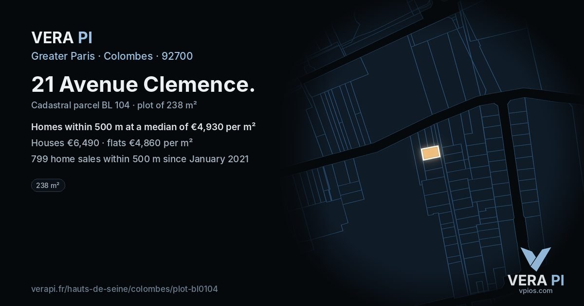 21 Avenue Clemence, Colombes at night – the plot lit, the parcels around coloured by the prices near them