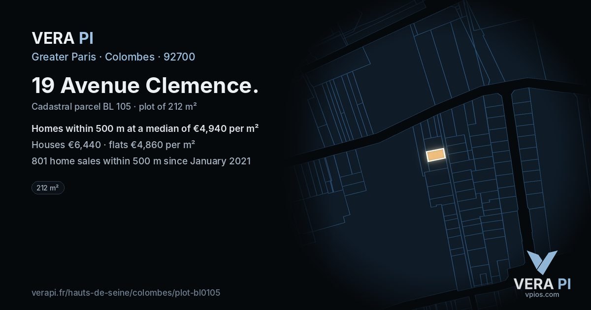 19 Avenue Clemence, Colombes at night – the plot lit, the parcels around coloured by the prices near them