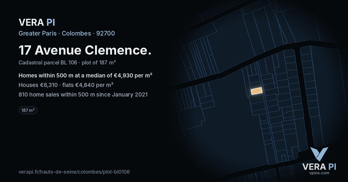 17 Avenue Clemence, Colombes at night – the plot lit, the parcels around coloured by the prices near them