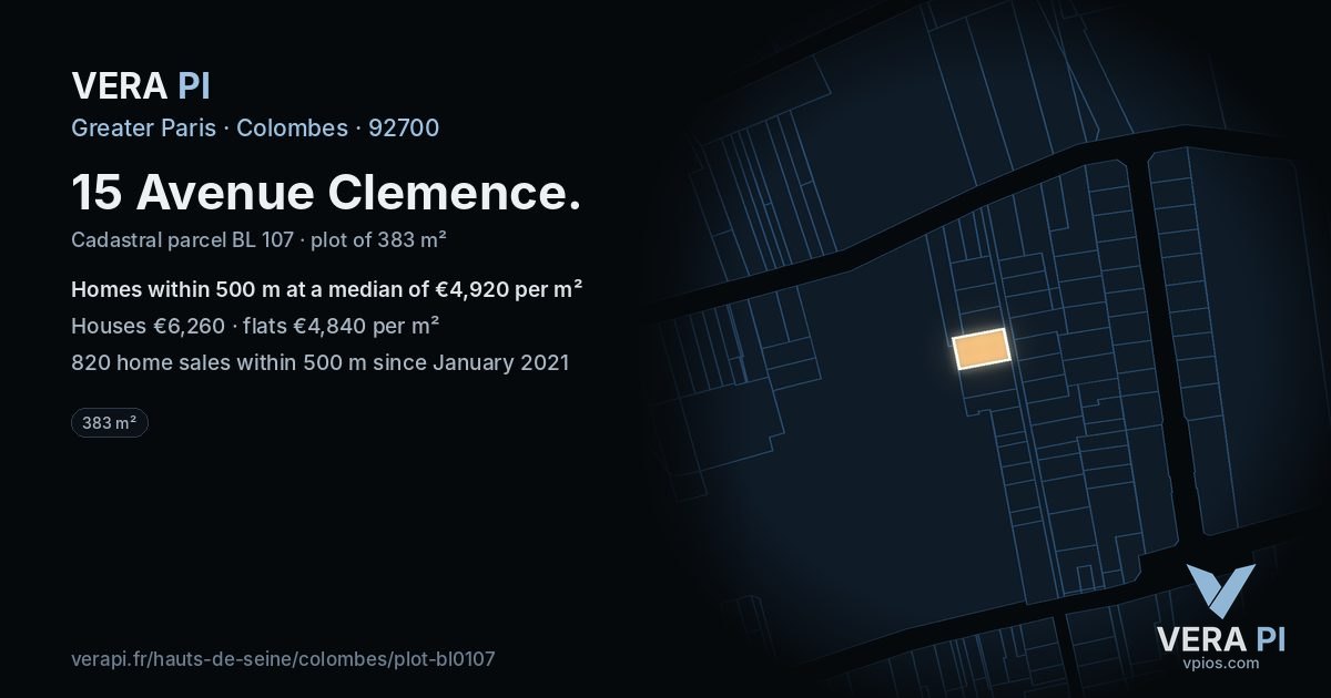 15 Avenue Clemence, Colombes at night – the plot lit, the parcels around coloured by the prices near them