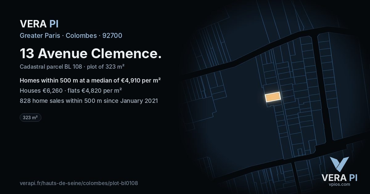 13 Avenue Clemence, Colombes at night – the plot lit, the parcels around coloured by the prices near them