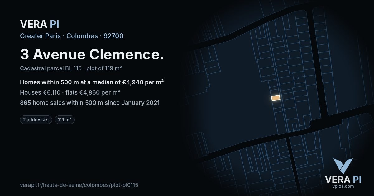 3 Avenue Clemence, Colombes at night – the plot lit, the parcels around coloured by the prices near them