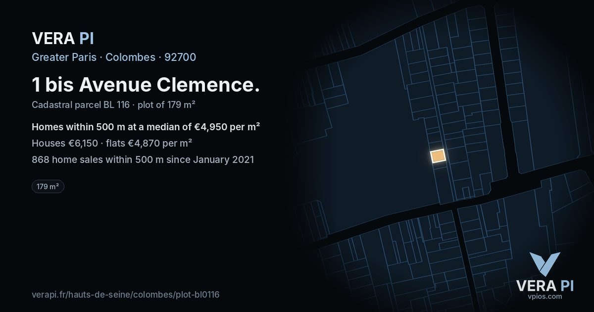 1 bis Avenue Clemence, Colombes at night – the plot lit, the parcels around coloured by the prices near them