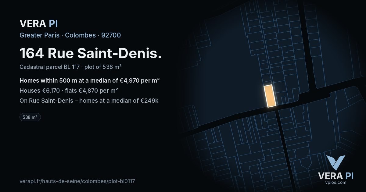 164 Rue Saint-Denis, Colombes at night – the plot lit, the parcels around coloured by the prices near them