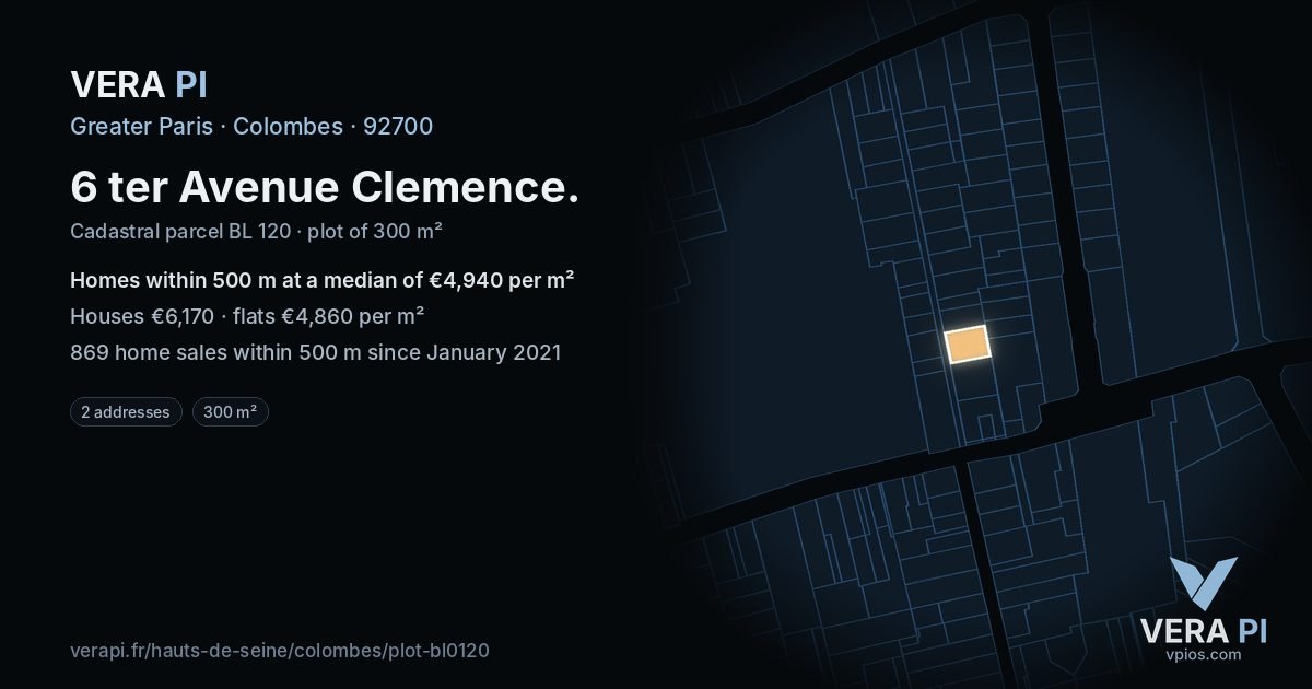 6 ter Avenue Clemence, Colombes at night – the plot lit, the parcels around coloured by the prices near them