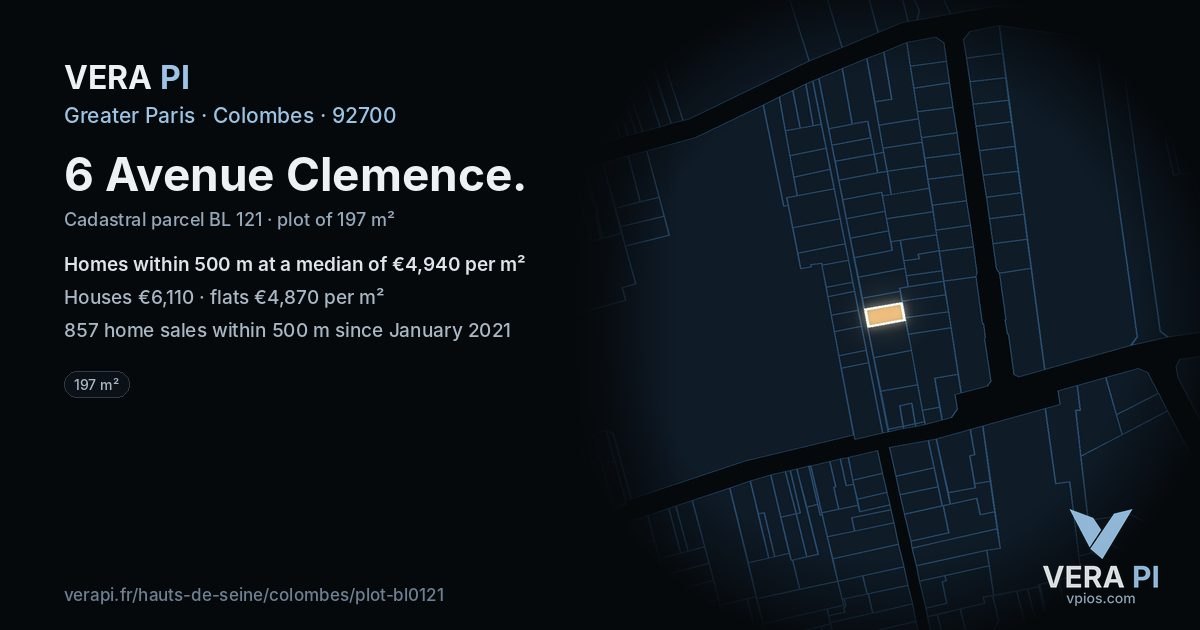 6 Avenue Clemence, Colombes at night – the plot lit, the parcels around coloured by the prices near them