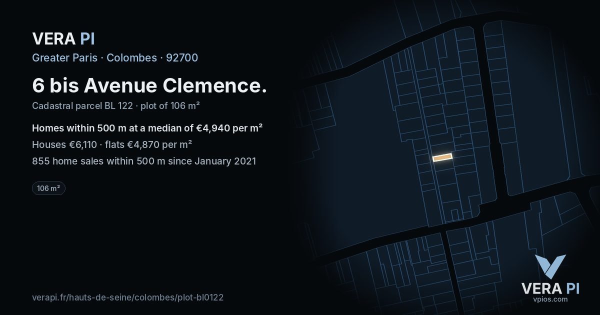 6 bis Avenue Clemence, Colombes at night – the plot lit, the parcels around coloured by the prices near them
