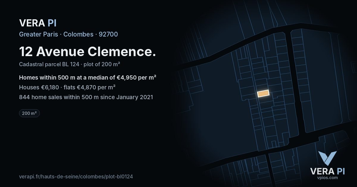 12 Avenue Clemence, Colombes at night – the plot lit, the parcels around coloured by the prices near them