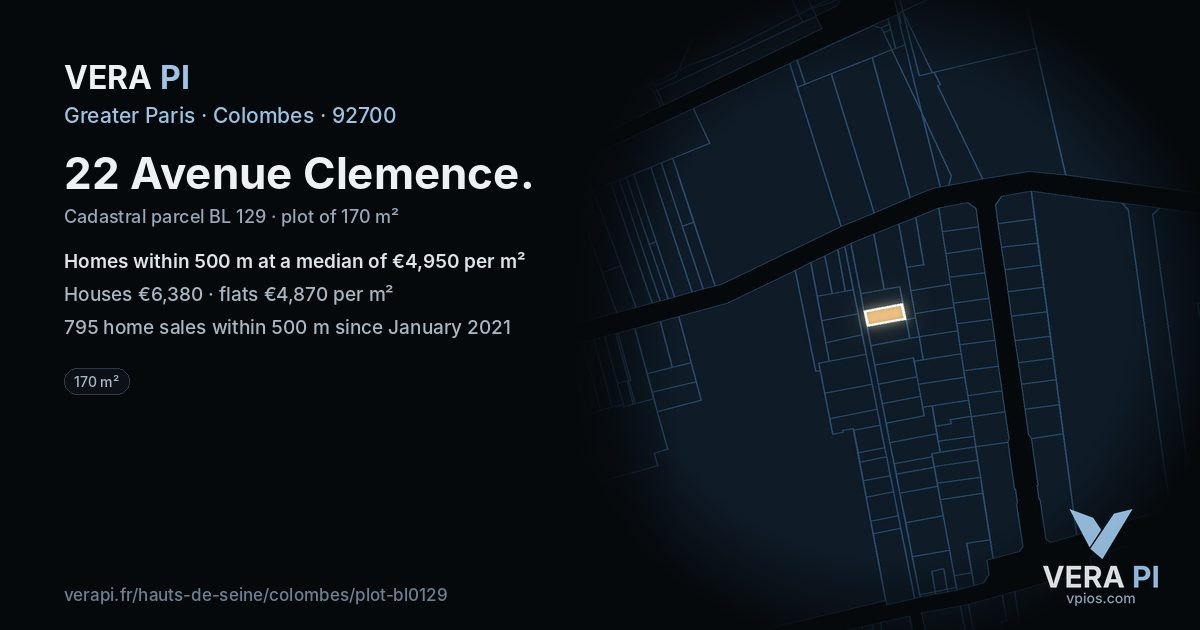 22 Avenue Clemence, Colombes at night – the plot lit, the parcels around coloured by the prices near them