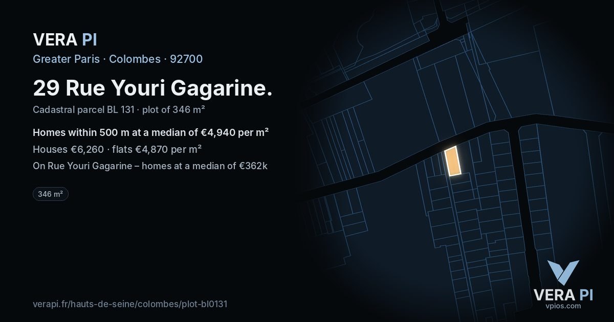 29 Rue Youri Gagarine, Colombes at night – the plot lit, the parcels around coloured by the prices near them