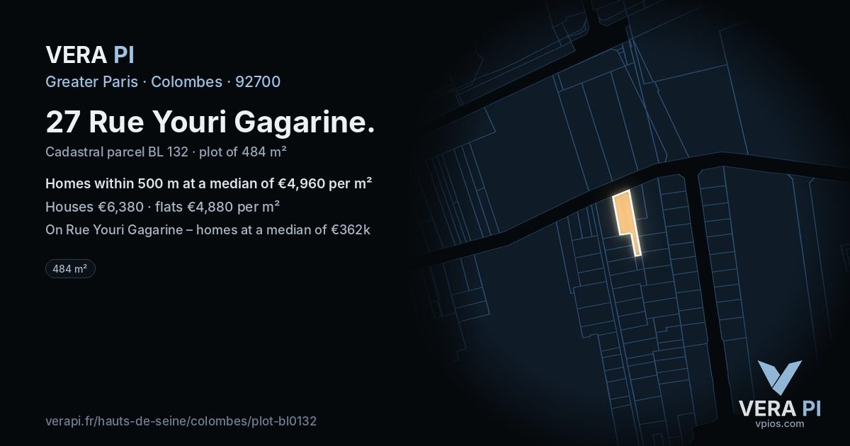 27 Rue Youri Gagarine, Colombes at night – the plot lit, the parcels around coloured by the prices near them