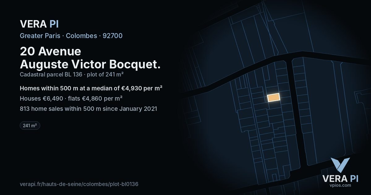20 Avenue Auguste Victor Bocquet, Colombes at night – the plot lit, the parcels around coloured by the prices near them