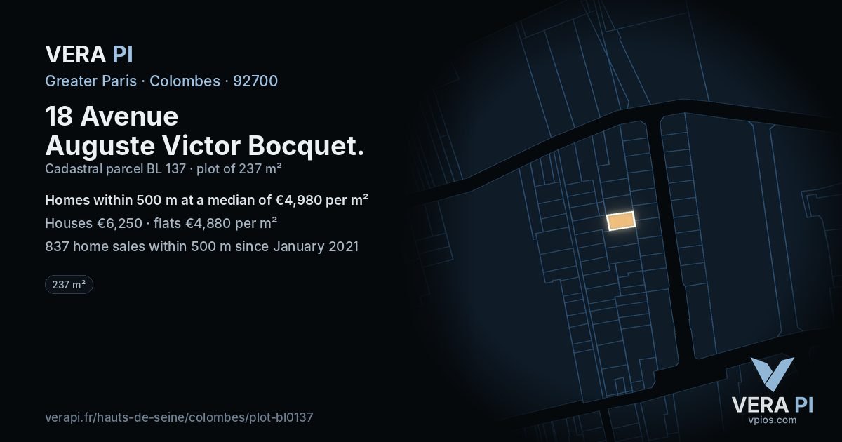 18 Avenue Auguste Victor Bocquet, Colombes at night – the plot lit, the parcels around coloured by the prices near them
