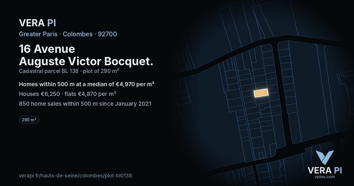 16 Avenue Auguste Victor Bocquet, Colombes at night – the plot lit, the parcels around coloured by the prices near them