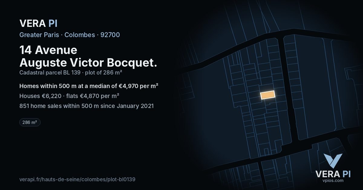14 Avenue Auguste Victor Bocquet, Colombes at night – the plot lit, the parcels around coloured by the prices near them