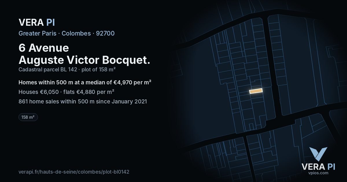 6 Avenue Auguste Victor Bocquet, Colombes at night – the plot lit, the parcels around coloured by the prices near them