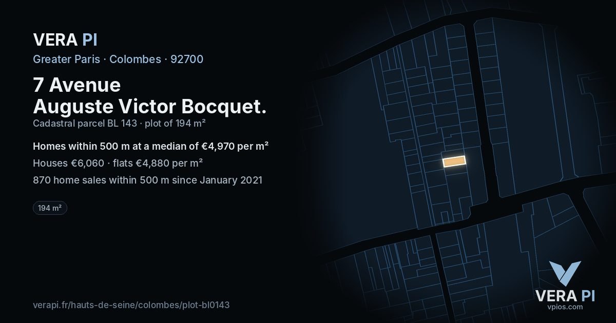 7 Avenue Auguste Victor Bocquet, Colombes at night – the plot lit, the parcels around coloured by the prices near them
