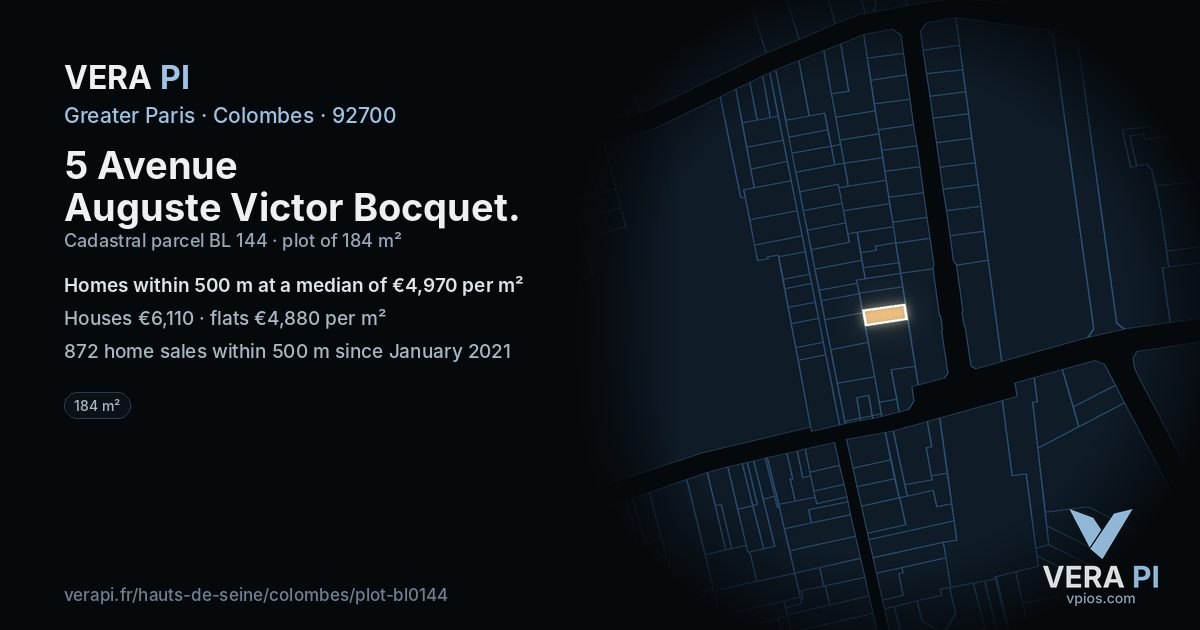 5 Avenue Auguste Victor Bocquet, Colombes at night – the plot lit, the parcels around coloured by the prices near them