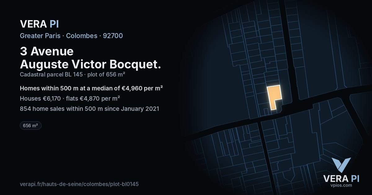 3 Avenue Auguste Victor Bocquet, Colombes at night – the plot lit, the parcels around coloured by the prices near them