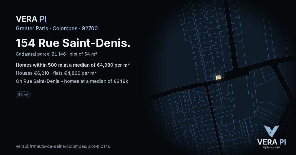 154 Rue Saint-Denis, Colombes at night – the plot lit, the parcels around coloured by the prices near them