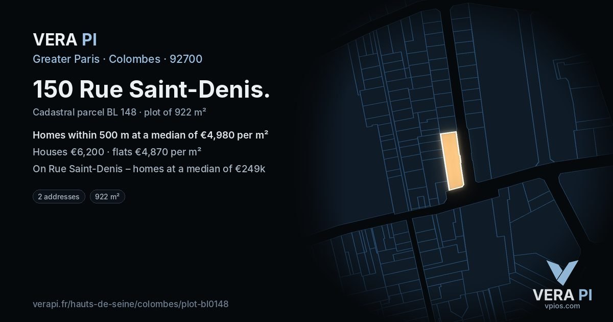 150 Rue Saint-Denis, Colombes at night – the plot lit, the parcels around coloured by the prices near them