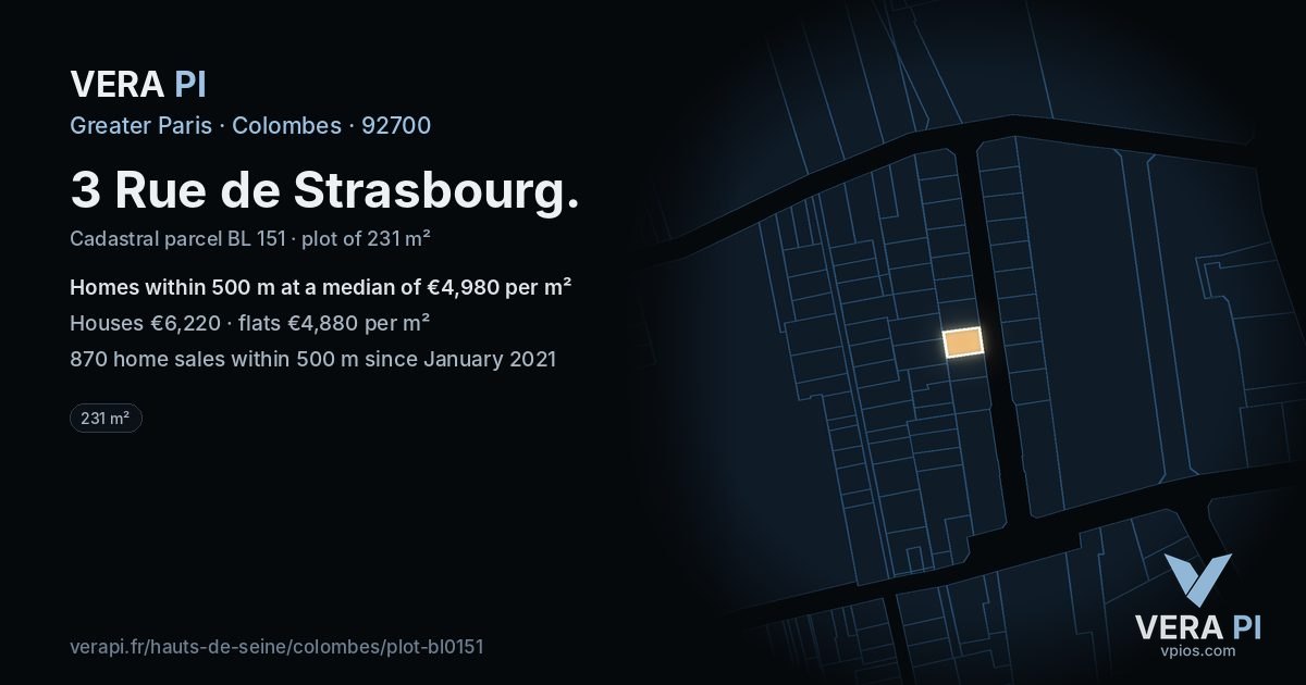 3 Rue de Strasbourg, Colombes at night – the plot lit, the parcels around coloured by the prices near them