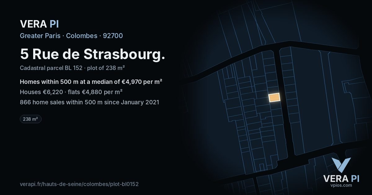 5 Rue de Strasbourg, Colombes at night – the plot lit, the parcels around coloured by the prices near them