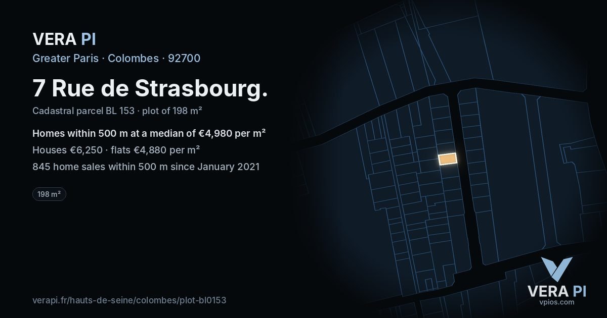 7 Rue de Strasbourg, Colombes at night – the plot lit, the parcels around coloured by the prices near them