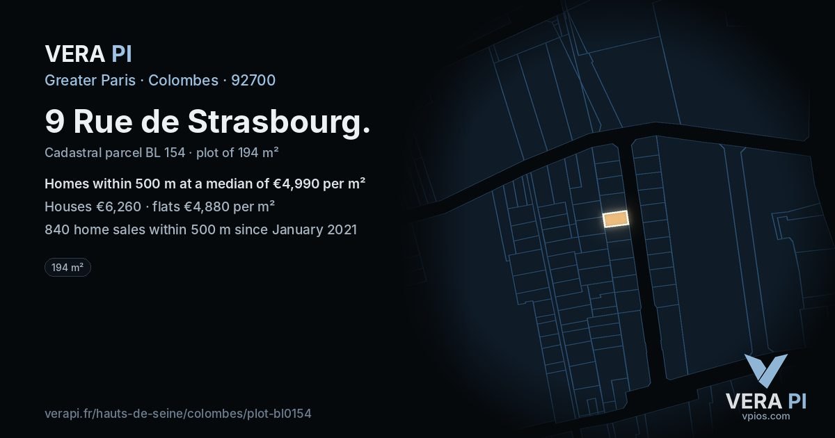 9 Rue de Strasbourg, Colombes at night – the plot lit, the parcels around coloured by the prices near them