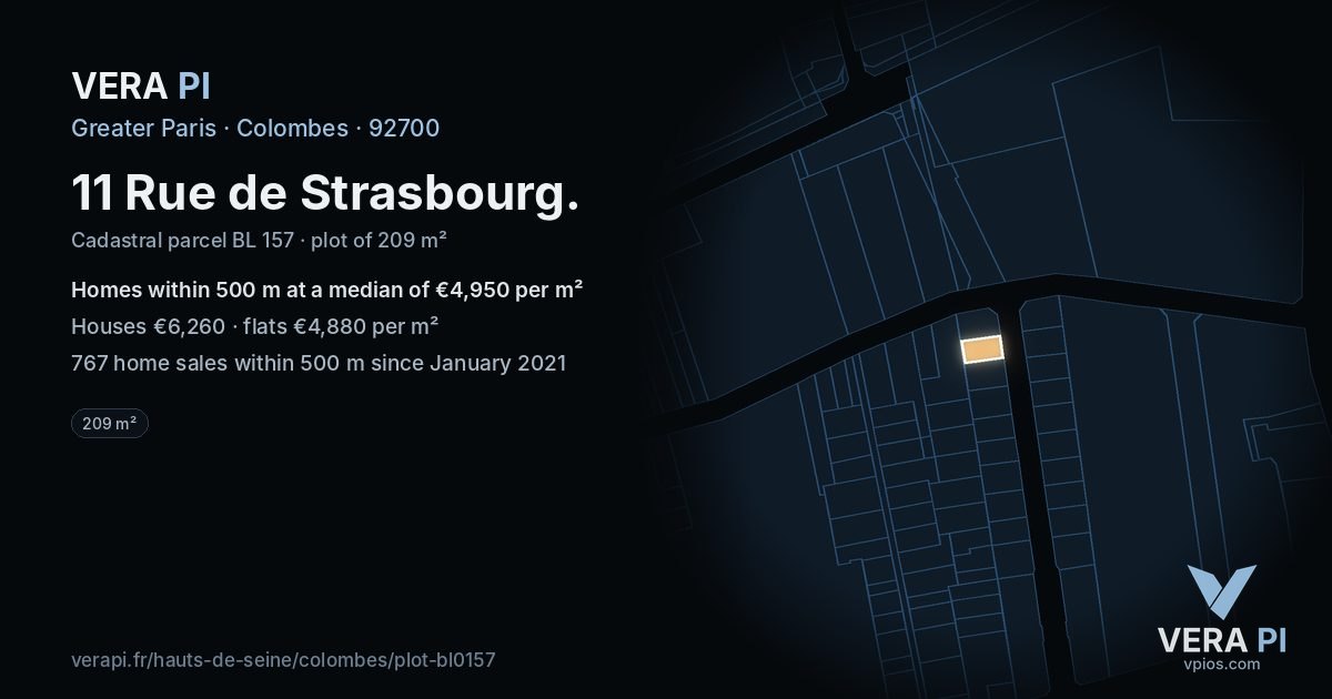 11 Rue de Strasbourg, Colombes at night – the plot lit, the parcels around coloured by the prices near them