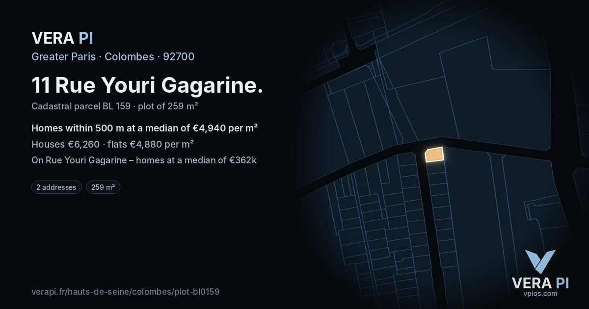 11 Rue Youri Gagarine, Colombes at night – the plot lit, the parcels around coloured by the prices near them
