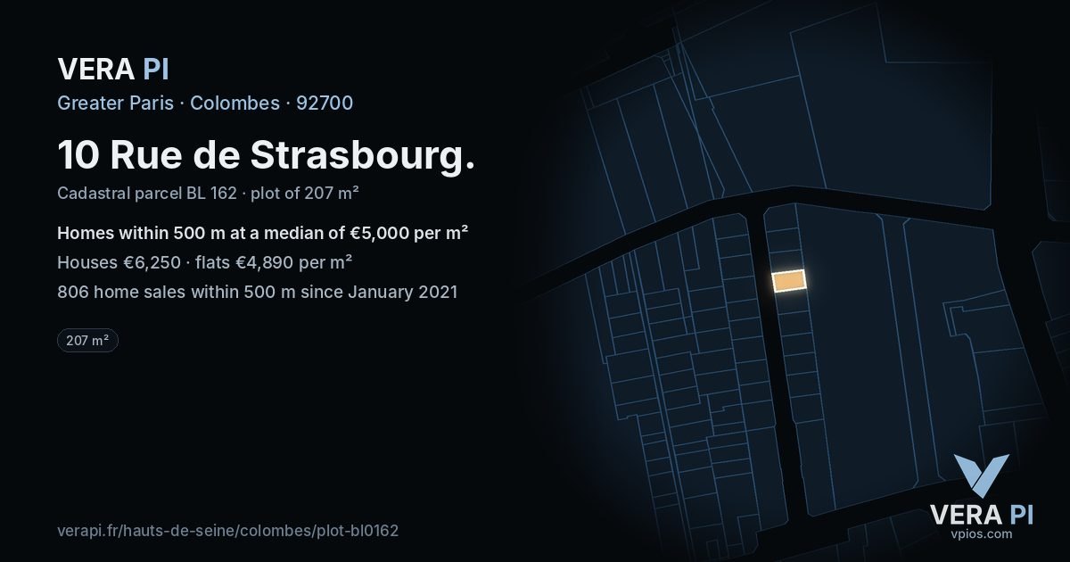 10 Rue de Strasbourg, Colombes at night – the plot lit, the parcels around coloured by the prices near them