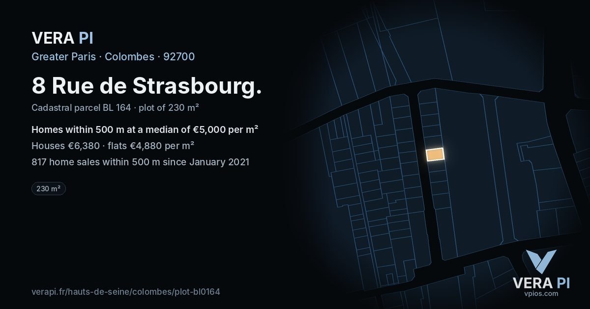 8 Rue de Strasbourg, Colombes at night – the plot lit, the parcels around coloured by the prices near them
