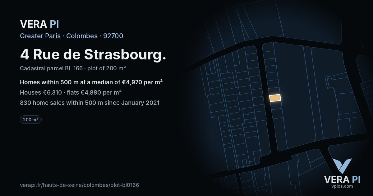 4 Rue de Strasbourg, Colombes at night – the plot lit, the parcels around coloured by the prices near them