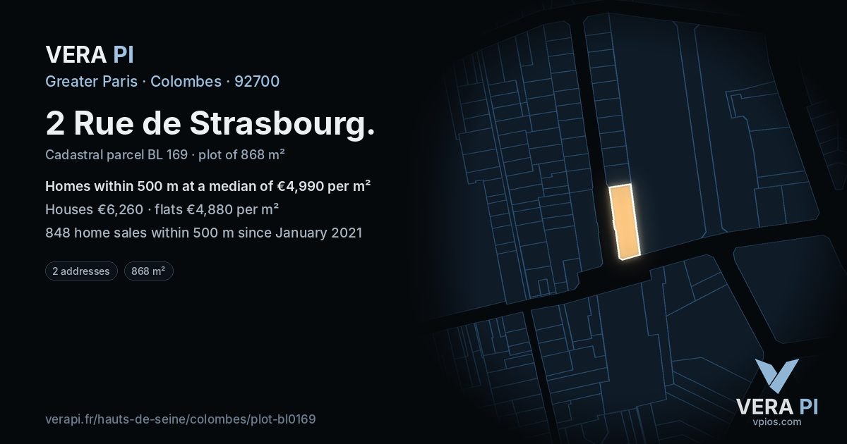 2 Rue de Strasbourg, Colombes at night – the plot lit, the parcels around coloured by the prices near them