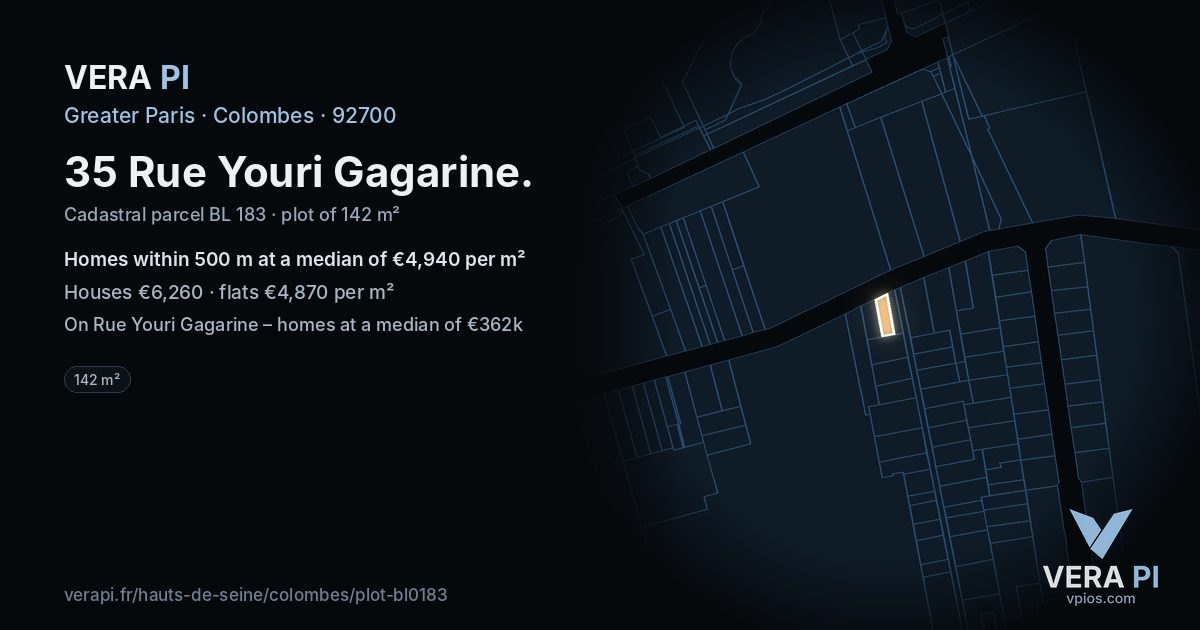 35 Rue Youri Gagarine, Colombes at night – the plot lit, the parcels around coloured by the prices near them