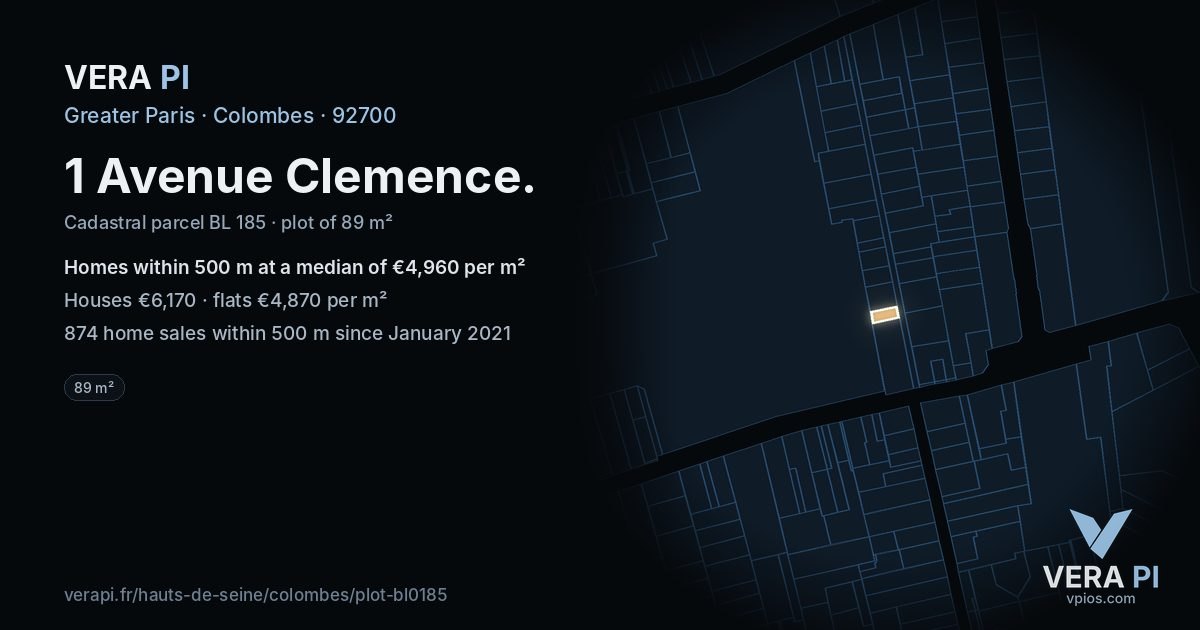 1 Avenue Clemence, Colombes at night – the plot lit, the parcels around coloured by the prices near them