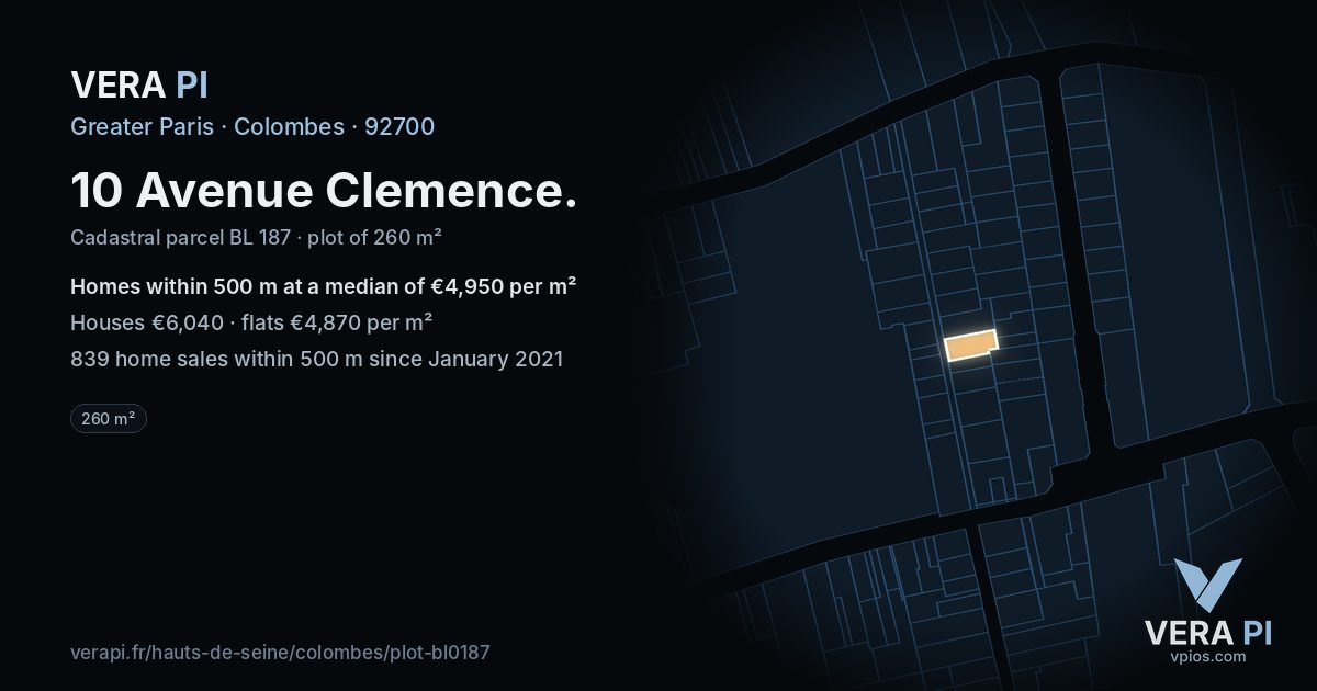 10 Avenue Clemence, Colombes at night – the plot lit, the parcels around coloured by the prices near them