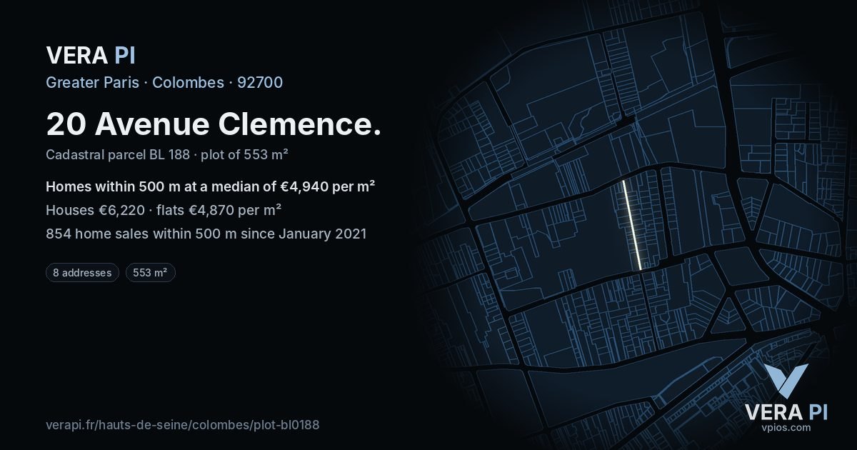 20 Avenue Clemence, Colombes at night – the plot lit, the parcels around coloured by the prices near them
