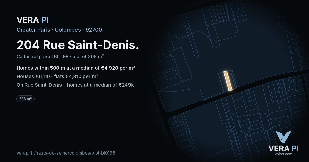 204 Rue Saint-Denis, Colombes at night – the plot lit, the parcels around coloured by the prices near them