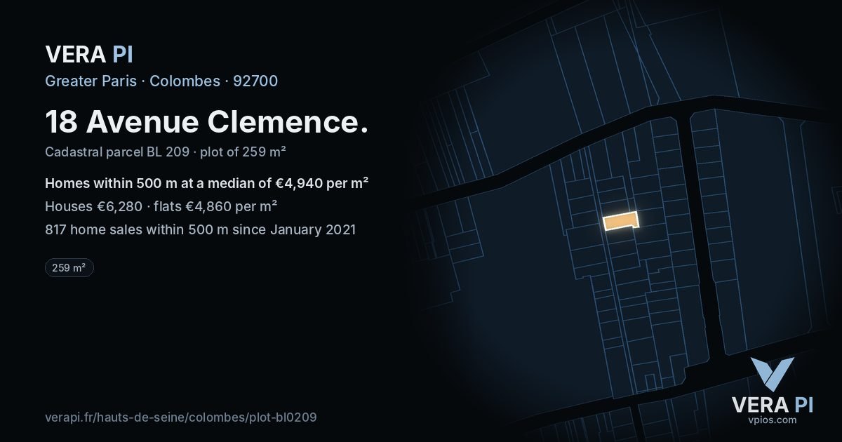 18 Avenue Clemence, Colombes at night – the plot lit, the parcels around coloured by the prices near them