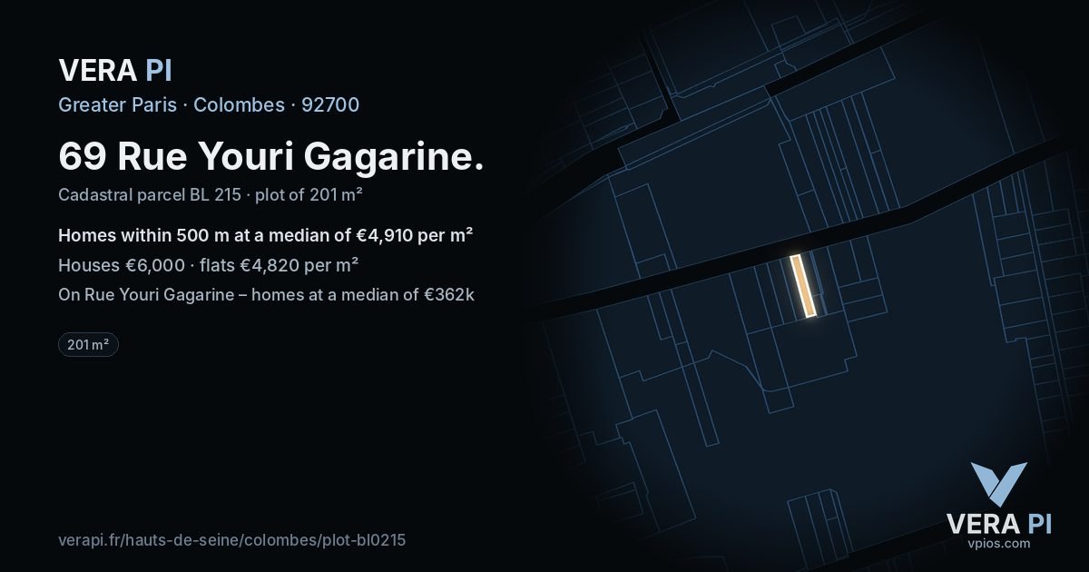 69 Rue Youri Gagarine, Colombes at night – the plot lit, the parcels around coloured by the prices near them
