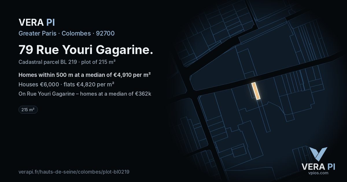 79 Rue Youri Gagarine, Colombes at night – the plot lit, the parcels around coloured by the prices near them