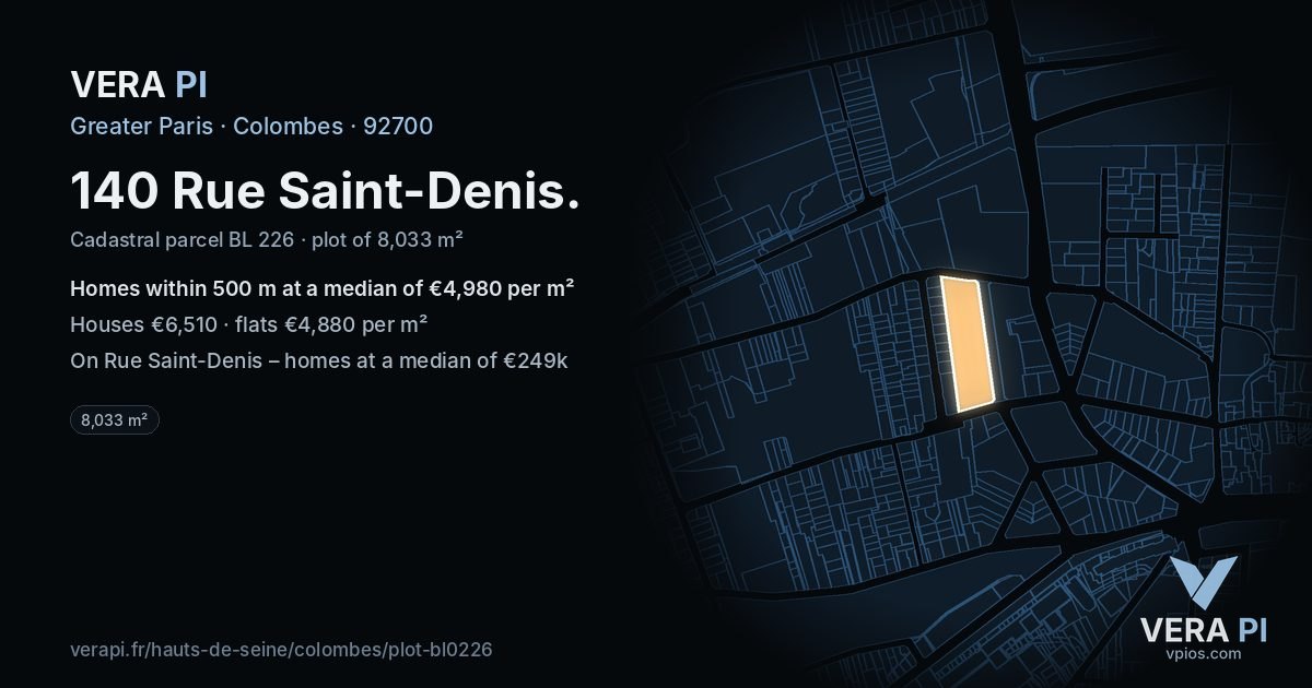 140 Rue Saint-Denis, Colombes at night – the plot lit, the parcels around coloured by the prices near them