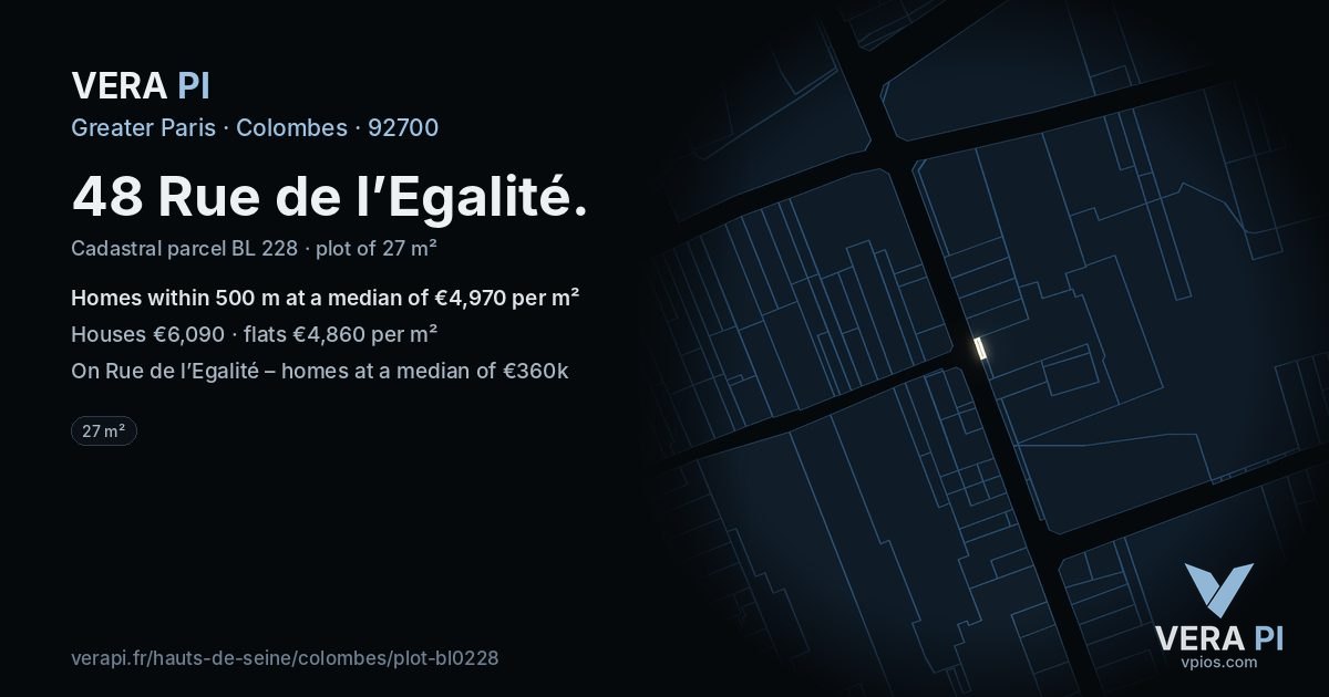 48 Rue de l’Egalité, Colombes at night – the plot lit, the parcels around coloured by the prices near them