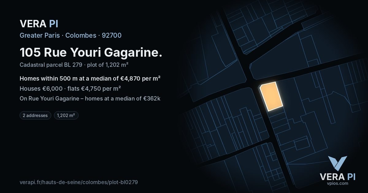 105 Rue Youri Gagarine, Colombes at night – the plot lit, the parcels around coloured by the prices near them
