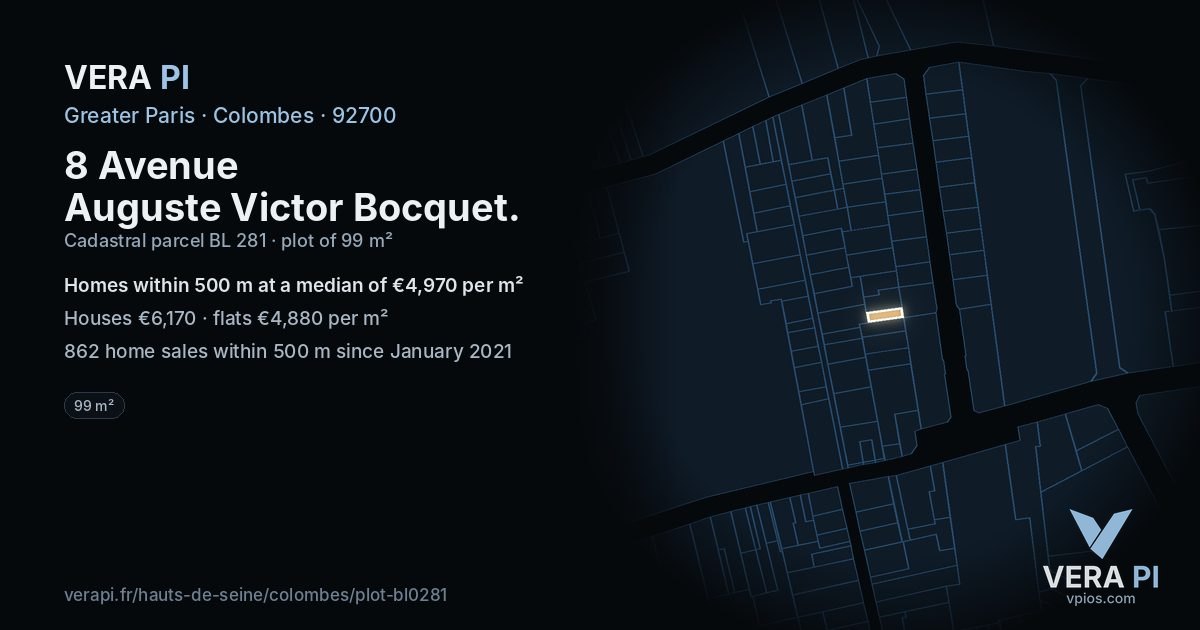 8 Avenue Auguste Victor Bocquet, Colombes at night – the plot lit, the parcels around coloured by the prices near them