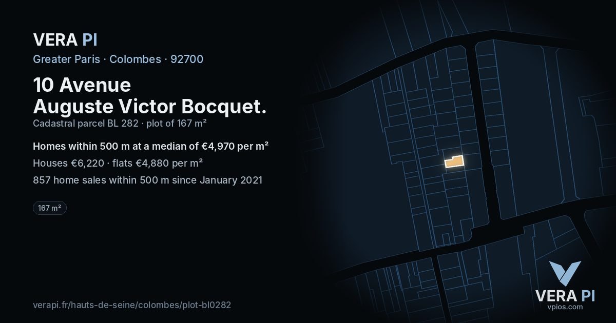 10 Avenue Auguste Victor Bocquet, Colombes at night – the plot lit, the parcels around coloured by the prices near them