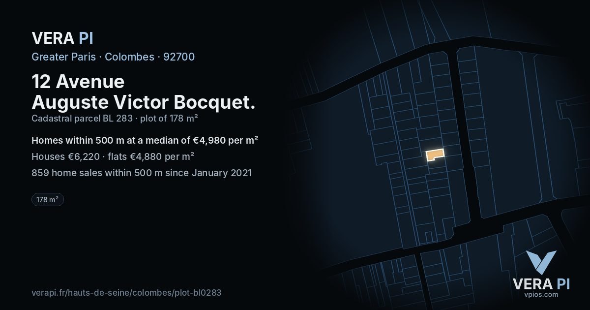 12 Avenue Auguste Victor Bocquet, Colombes at night – the plot lit, the parcels around coloured by the prices near them