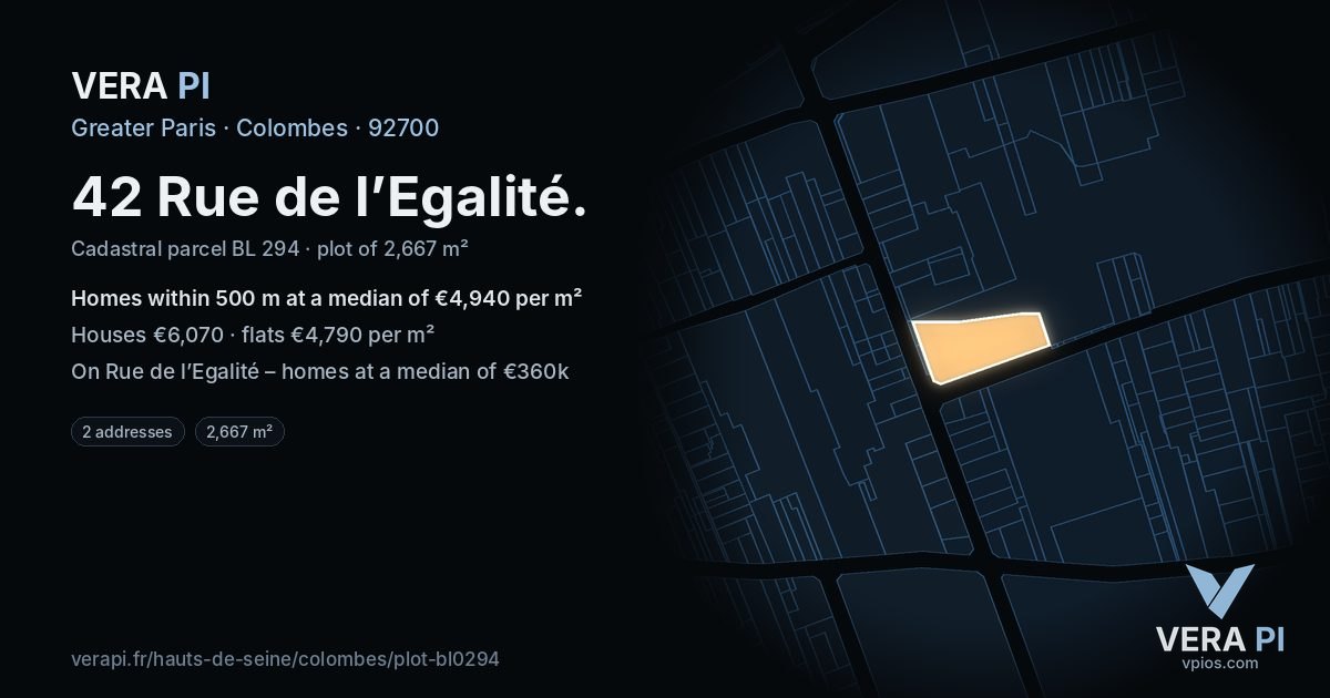 42 Rue de l’Egalité, Colombes at night – the plot lit, the parcels around coloured by the prices near them